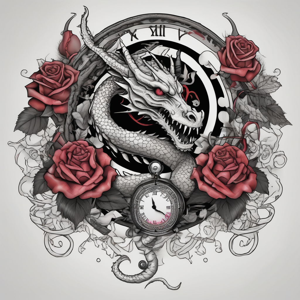 Horror dragon tattoo with cancer zodiac sign, roses and clock on background drake tattoos, diseño de tatuaje Dotwork generado con IA